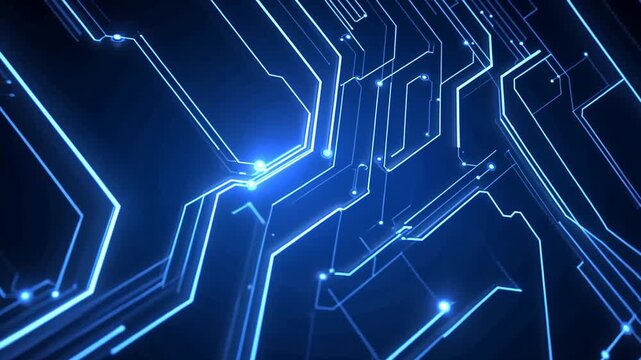 Glowing blue circuit board pattern viewed from above, showcasing complex technology and modern electronics