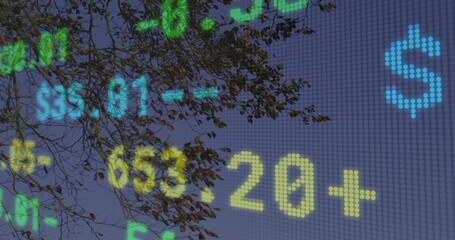 Displaying yellow 20+ numerals overlaying tree branches against clear blue sky, with LED ticker