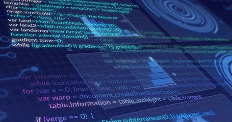 Fotobehang Buffet Displaying stylized code lying over deep blue grid on computer display, showing bar chart, nodes  © vectorfusionart