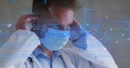 Adjusting doctor wearing lab coat securing mask straps in exam, with stethoscope and hologram