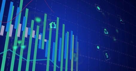 Fotobehang Vlees Showing green-blue bars rising on screen with candles, cyan-red lines, dashed grid, floating icons  © vectorfusionart