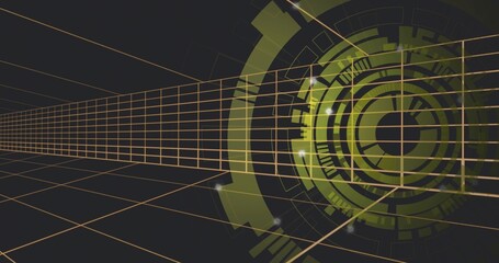 Fototapeta premium Glowing green HUD overlapping orange grid lines in virtual corridor, emitting soft flares and rings
