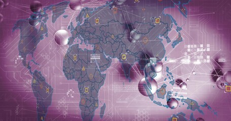 Showing global map overlay pulsing in digital infographic, with spheres, lines, markers © vectorfusionart