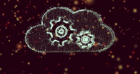 Fototapeta premium Glowing particle-formed cloud holding two gears while pulsing in digital space, with warm bokeh