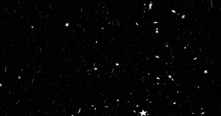 Drifting white star shapes and streaks moving across black field, with five-pointed star icons