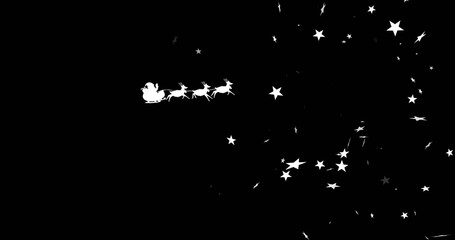 Gliding white sleigh and four reindeer silhouette across night sky, with star cluster, copy space