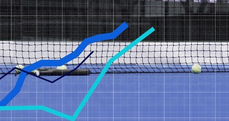 Displaying tennis net with white band on blue court, showing grid, trend lines, two balls, racket © vectorfusionart