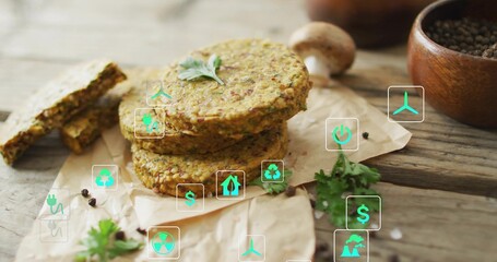 Showing three seeded patties resting on parchment at rustic wood table, with parsley and eco icons