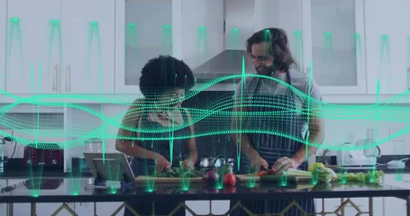 Fotobehang Koken Preparing couple in aprons chopping vegetables in home kitchen, with boards, knife and neon wave  © vectorfusionart