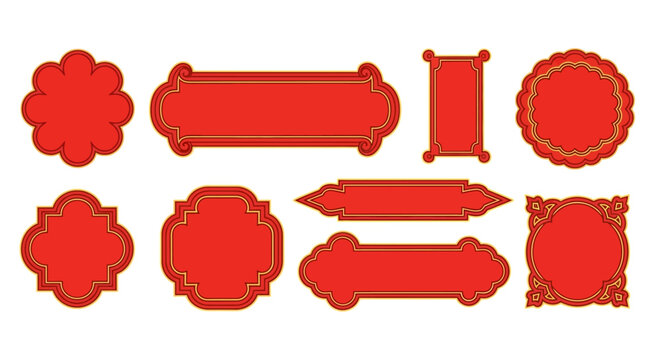 Collection of ornate red seals and frames with golden borders isolated on white