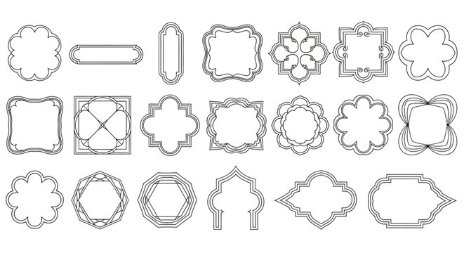 Collection of ornate geometric frame and window designs in black and white