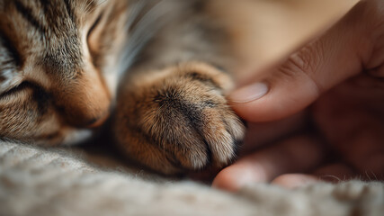 Close up of soft cat paw touching human hand in a moment of emotional support, animal therapy, and bonding wellness