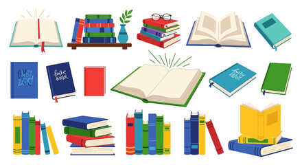 Colorful collection of illustrated open and stacked books with reading accessories