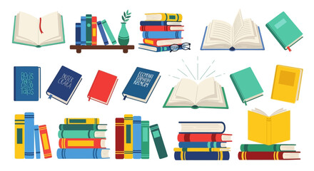 Colorful assortment of open and closed books stacks and reading accessories