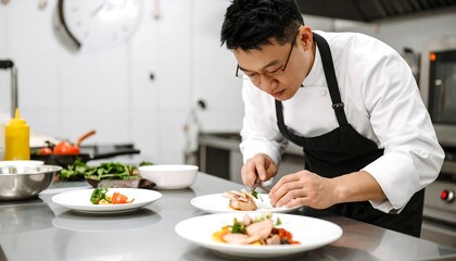 Focused chef delicately plates gourmet dish