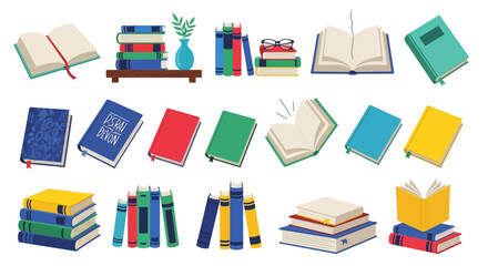 Colorful stack of open and closed books with glasses and a plant illustration