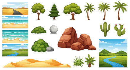 Collection of cartoon landscape elements trees rocks desert and water scenes