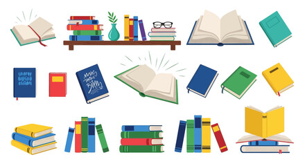 Colorful collection of open and stacked books with glasses and a plant