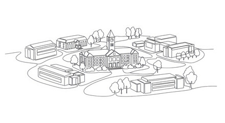 Fototapeta premium Hand-drawn campus map illustration with academic buildings and trees in a circular layout