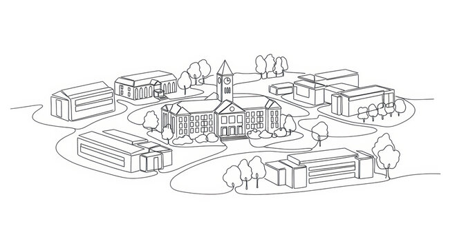 Hand-drawn campus map illustration with academic buildings and trees in a circular layout