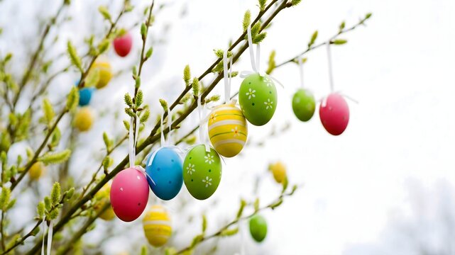 Colorful decorated easter eggs dangle from budding tree branches celebrating the arrival of spring and the joyous religious holiday season with vibrant spring decorations.
