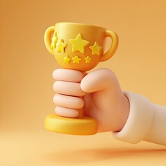 Cartoon hand holds gold trophy with stars, peachy background