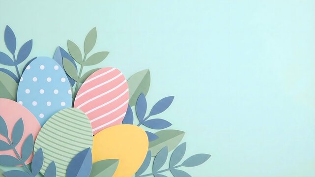 Colorful paper-cut Easter eggs with decorative patterns and stylized foliage nestled in the corner of a bright, soft pastel background design