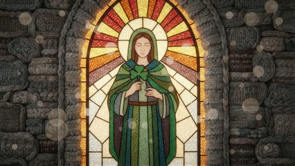 Obraz premium Knitted style stained glass window with a woman holding a shamrock. St. Patricks Day celebration and Irish heritage concept.