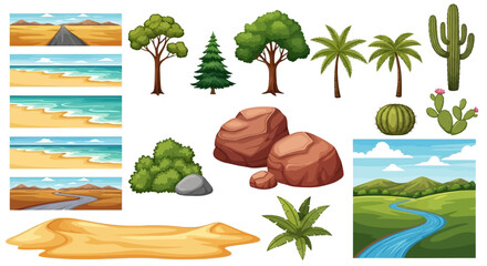 Collection of vibrant landscape elements beaches trees cacti and desert scenes