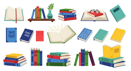 Collection of colorful open and stacked books with glasses and a plant