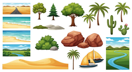 Collection of colorful landscape elements including trees beaches and desert scenes