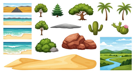 Collection of various natural elements trees desert ocean and rocks