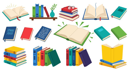 Colorful collection of open and stacked books with reading accessories
