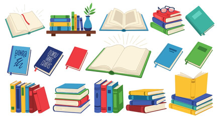 Colorful assortment of open and stacked books with reading accessories displayed