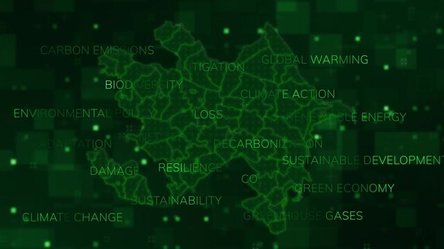 Azerbaijan map background composited with ESG-related words.