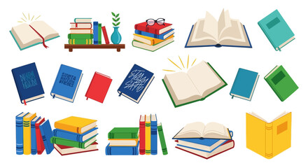 Colorful collection of open and stacked books with glasses and decorative elements