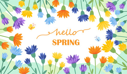 Obraz premium Hello spring background. Horizontal poster with wildflowers, cornflowers. Floral greeting card for Easter, International Women's and Mother's Day.