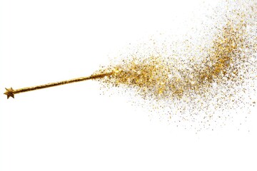 Wand emits gold, silver, and yellow glitter particles against white backdrop