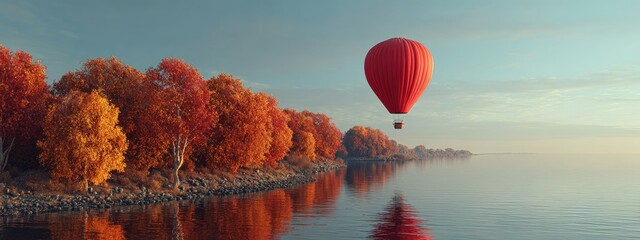 Hot air balloon floats over a reflective lake near fall foliage
