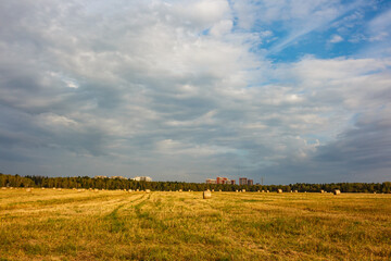 Obraz premium Golden harvest field stretches beneath a dramatic sky with scattered clouds, showing hay bales ready for collection near a distant forest line and city buildings in the background