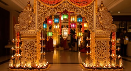 Obraz premium Ornate Golden Archway Adorned With Marigold Flowers Lanterns And Diyas Lit At Dusk