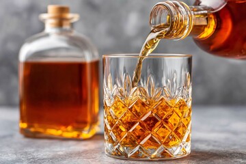 Pouring amber colored spirits into a crystal glass