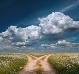 Forking dirt path through field under vibrant sky filled with billowing clouds