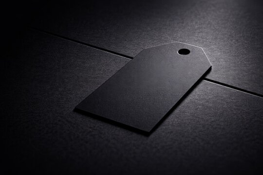 Close-up of a blank black tag with a punched hole, lying on a dark matte surface, symbolizing branding, retail, identity, or minimalist design concepts.