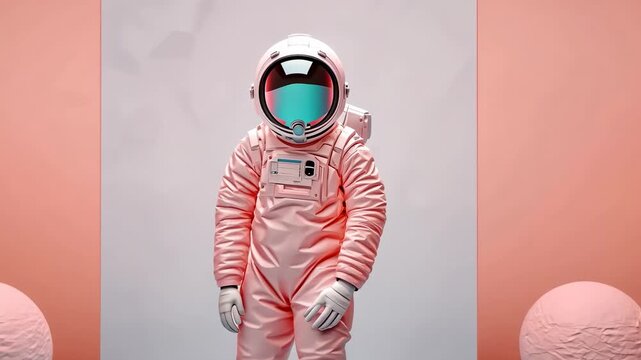 A pink clad astronaut with a blue tinted helmet visor stands in a modern studio against a light split color background with two textured spheres