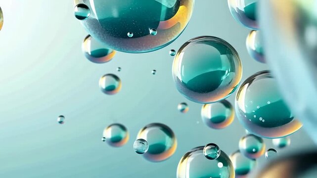Abstract translucent liquid spheres with sparkling teal and golden reflections hover gracefully on a gradient light blue backdrop