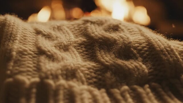 Cozy Knitted Blanket by a Warm Fireplace on a Cold Evening.