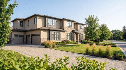 Luxury suburban home with stucco exterior and landscaped front yard