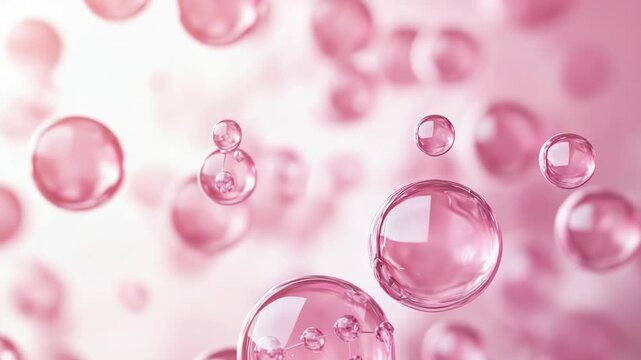 Numerous vibrant pink clear bubbles rising and floating in soft light creating a gentle abstract background ideal for cosmetic, medical, and scientific concepts