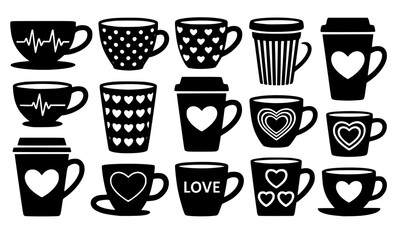 Obraz premium Decorative coffee cup and mug silhouette collection with heart patterns and love designs, beverage icons perfect for cafe branding, Valentine's Day and romantic themes